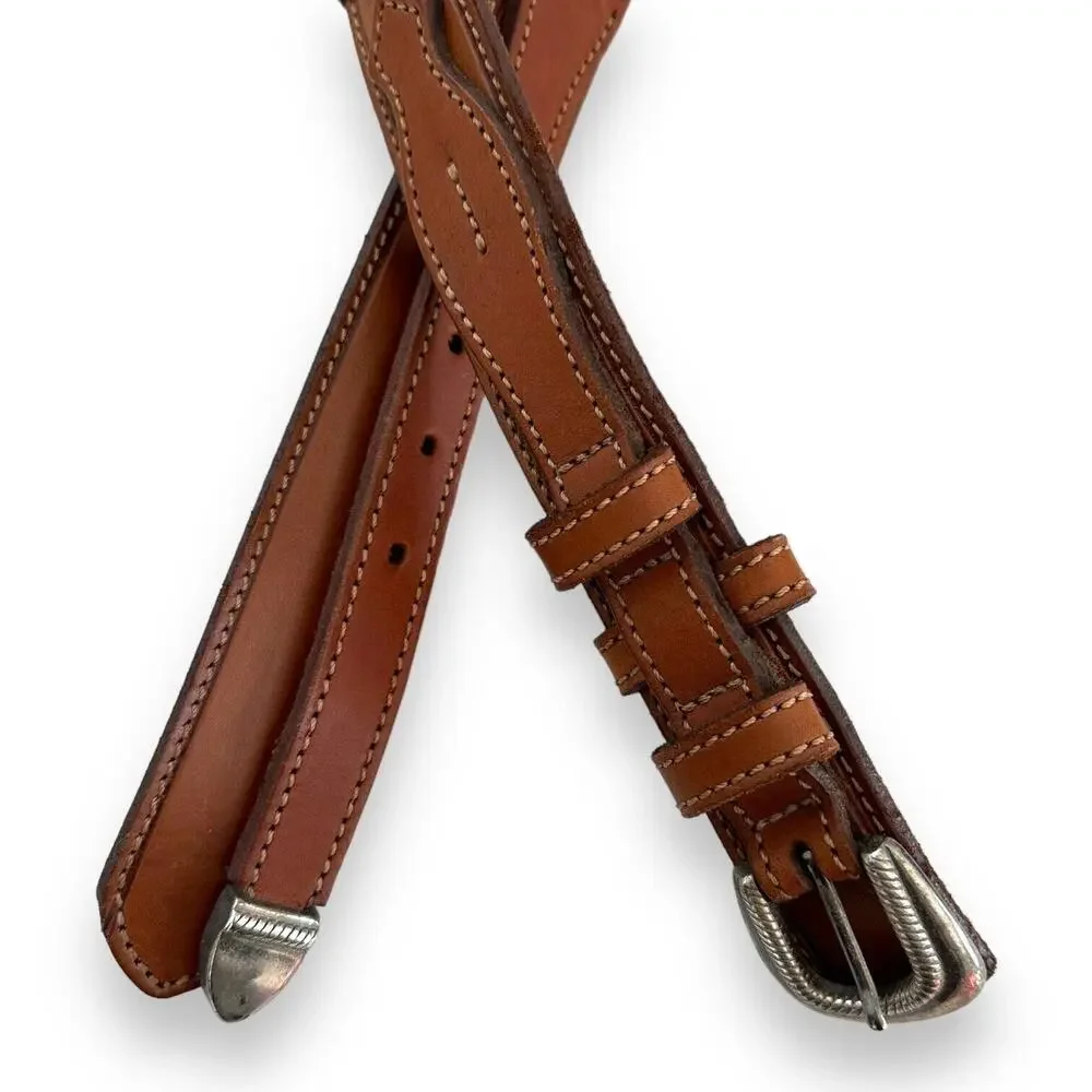 Unisex Western Belt Sz S/M 3D Brown Leather Silver Buckle Braided Details